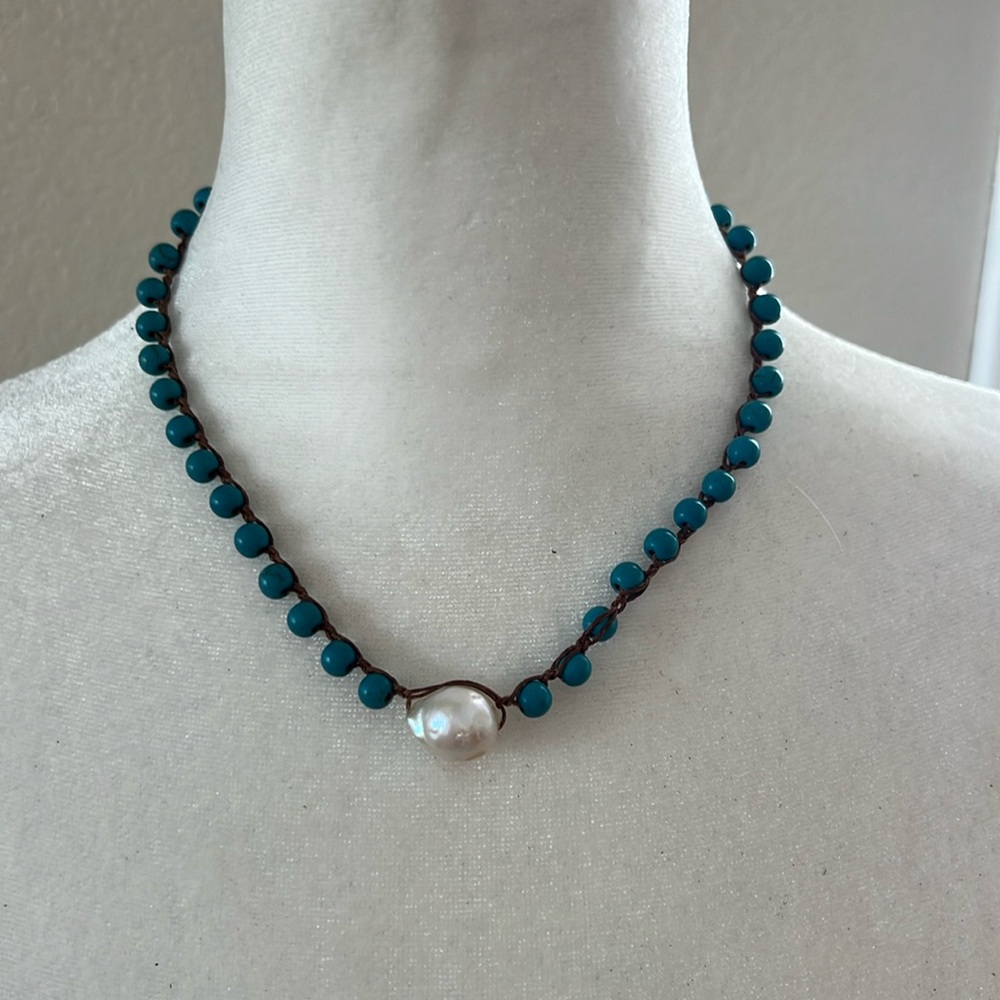 Old Soul pearl and natural turquoise stones beaded necklace.
